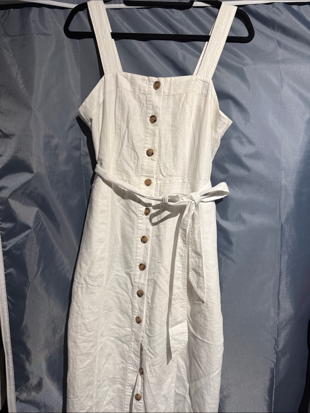 LOFT White Button-Front Midi Dress with Tie Waist